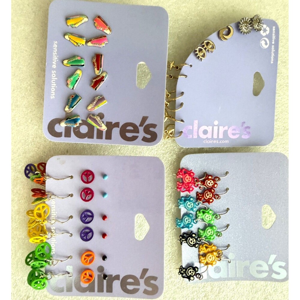 Lot of 4 Claire's Earring Sets Sensitive Solutions Sneakers Peace Signs Monkeys